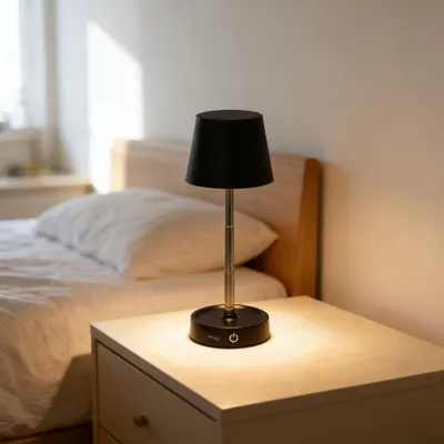 Produktbild von Edle LED Tischleuchte dimmbar & aufladbar: Akku Nachttischlampe modern, Höhe verstellbar, warmweiss - kabellose Leselampe in Edelstahl-Design