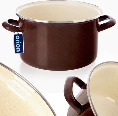 A brown enamel pot with cream interior and two handles, shown on a white background with a product tag.
