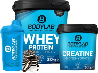 Produktbild von BODYLAB Megadeal Basic Aufbau - Whey Protein Cookies & Cream + Creatine Monohydrate + Shaker für Kraftsport und Fitness