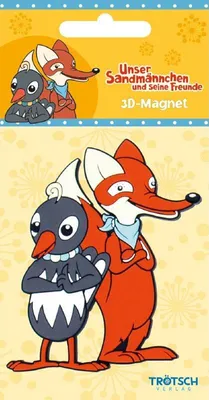 The image shows the packaging for a 3D magnet featuring cartoon characters of a fox and a bird. The packaging is yellow with blue accents and has text and graphics related to the product.