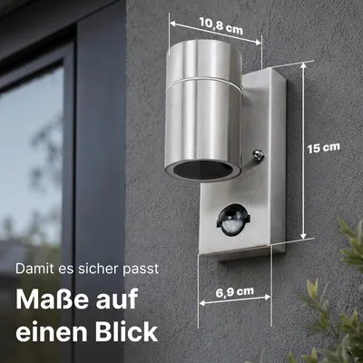 Zdjęcie produktu dla Lampa zewnętrzna ścienna z czujnikiem ruchu, srebrna, jednoźródłowa, wykonana ze stali nierdzewnej i szkła, ARTE LAMP Mistero, żarówka GU10 do 7W, klasa szczelności IP44, wymiary: 11 x 7 x 15 cm, model A3322AL-1SS