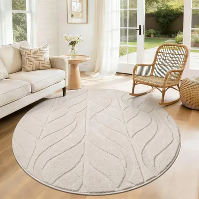 Imagen del producto de Alfombra redonda beige de 160 cm (63 pulgadas), lavable y suave, ideal para el salón
