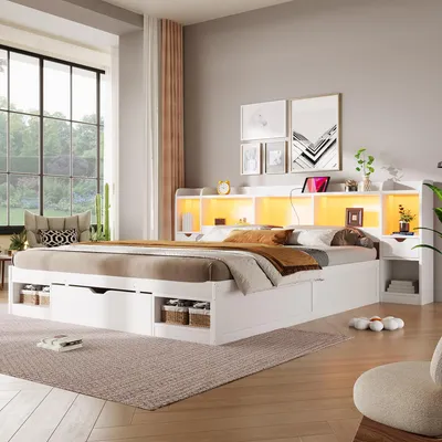 Produktbild von Flieks Jugendbett Doppelbett 180x200cm mit Schubladen und Staufächern, Holzbett Klassisches Bett mit Led und Ladefunktion, Stauraumbett Weiß