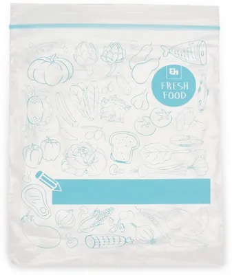 A clear, professional shot of a plastic bag with a zipper closure, featuring a white background and a blue stripe at the top. The bag is decorated with line drawings of various food items and has a blue circular logo with text.