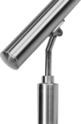A close-up of a stainless steel handrail and its support post.