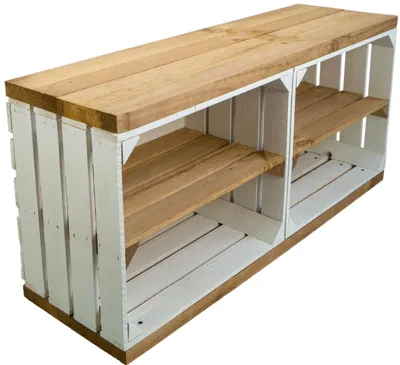 Produktbild von Sitzbank weiss mit Sitzfläche aus dicken Holzplanken Natur mit Mittelbrett Natur
