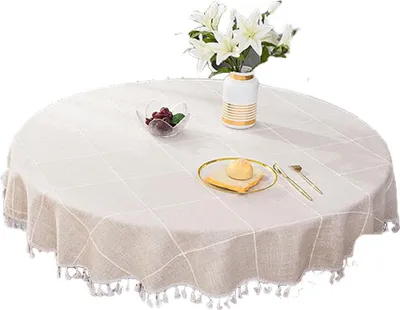 Produktbild von Rundes Tuch, 140 cm, waschbar, schmutzabweisend, runde Tischdecke aus Leinen mit Fransen, Party- und Abenddekoration für den Esstisch in der Küche