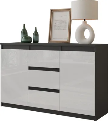Produktbild von FURNICA - MIKEL - Kommode / Sideboard mit 3 Schubladen und 2 Türen - Anthrazit Grau / Weiß Gloss H75cm B120cm T35cm