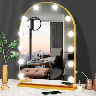 LED Make-up Spiegel, 12 Lampen, dimmbar, Gold, 62x40 cm