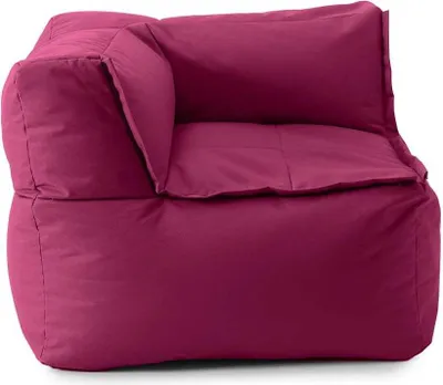 A single modular corner piece of a beanbag sofa in a deep red/pink color, shown from a slightly elevated side angle against a white background.