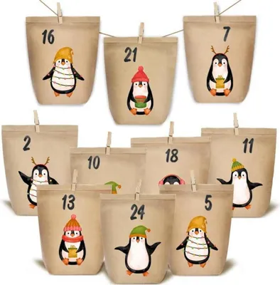 Productafbeelding van Adventskalender om zelf te vullen, bruine papieren zakjes met pinguinmotief - set van 24 stuks
