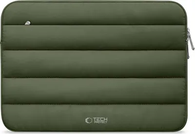 A green laptop sleeve with horizontal quilting and a zipper closure.