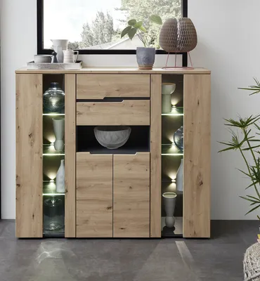 Produktbild von Highboard MEMPHIS Graphit/Artisan Eiche mit 4 Türen, 2 Schubladen und LED-Beleuchtung