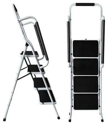 Image de Échelle pliante sur pied - Échelle à 4 marches - Avec main courante - Marches antidérapantes - Métal - Capacité de charge : 150 kg
