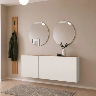 Produktbild von Garderobenset 4-teilig mit Schuhschrank, 2 Spiegeln & Garderobenpaneel in Beige mit Eiche - LAPUA-01