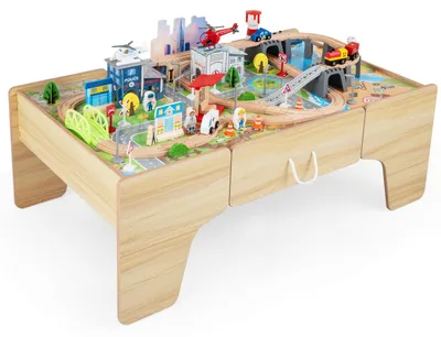 Produktbild von COSTWAY 3in1 Eisenbahntisch Kinder,Massivholz Aktivitätstisch mit 110teiliges Holzeisenbahn Set, umkehbarer Tischplatte&Schublade,Spieltisch Kinder 3+