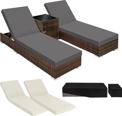 A collage of outdoor furniture, including rattan sun loungers with cushions, and protective covers.