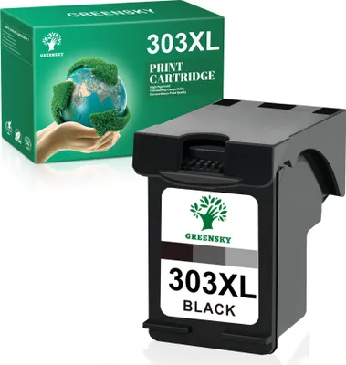 A product shot of a printer ink cartridge and its packaging.