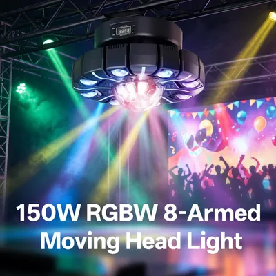 Obrázek produktu pro LED pohyblivé světlo pro jeviště - 150W RGBW, 8 světelných hlav, ovládání DMX512, DJ světlo, 25 kanálů, stroboskop a laser, dálkové ovládání, zástrčka EU