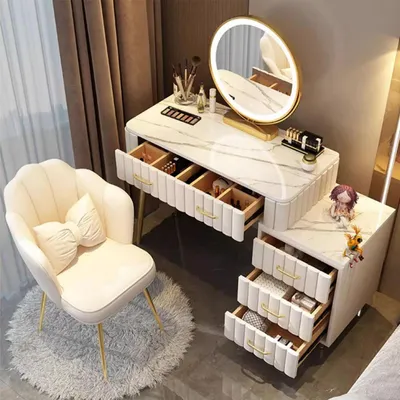 Immagine prodotto di Set da trucco con specchio e sedia, 5 cassetti, bianco, 100 cm