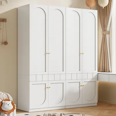 Produktbild von Merax Kleiderschrank Satz mit Kleiderstange 4 Tür und 2 Schubladen, Metallgriffe, Kinder-Kleiderschrank, Schlafzimmermöbel, Kinderzimmermöbel, Weiß
