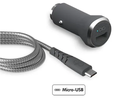 Image de Kit Chargeur Voiture USB A 2.4A FastCharge + Câble Ultra-Renforcé USB A / microUSB 1.