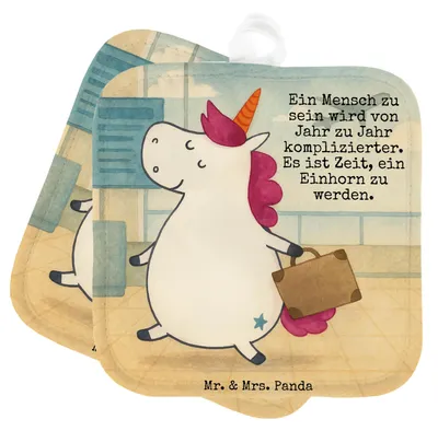 Produktbild von Mr. & Mrs. Panda Topfuntersetzer Einhorn Koffer Design - Weiß - Geschenk, Kochlappen, Ofenlappen, topfhalter, Lustig, Gepäck, Unicorn, Einhörner, Reise, Topflappen