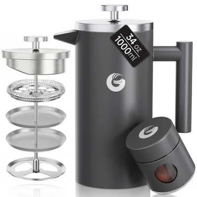 French Press 1 L, doppelwandig isoliert, Edelstahl, 4-5 Tassen, grau