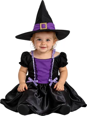 Imagen del producto de Disfraces de Halloween para bebé: vestido de bruja con sombrero mágico, colores: negro y morado, talla: 86/92