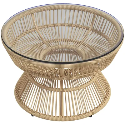 Produktbild von Runder Rattan Beistelltisch Ø60x37cm Kaffeetisch Garten Tisch Glastisch Lounge-Tisch mit 5mm Glasplatte Outdoor Terrassentisch wetterfest
