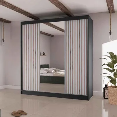 Produktbild von Schiebetürenschrank LICO II - 200cm Kleiderschrank mit Spiegel & Schubladen & Lamellen (Schwarz+ Weiß)