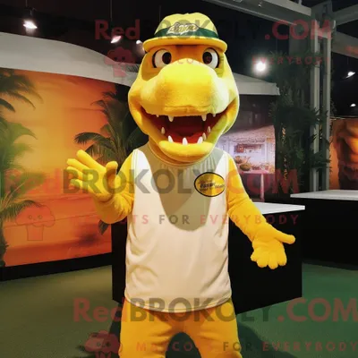 Produktbild von Maskottchen REDBROKOLY eines gelben Krokodils mit Tanktop und Mütze