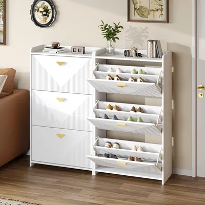 Produktbild von STILVORA Schuhschrank 2er-Set mit 6 Klapptüren, Sideboard mit verstellbarer Breite, Wohnzimmerschrank aus MDF im Vakuumformdesign Weiß