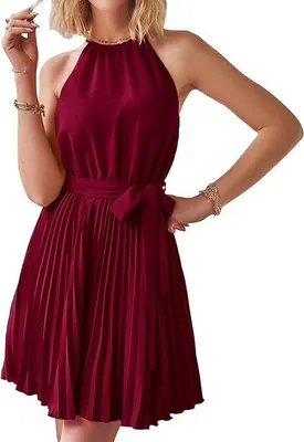 Produktbild von Damen Sommerkleider mit Neckholder, Ärmelloses Strandkleid mit Gürtel, Plissiert, A-Linie, Cocktailparty Minikleid