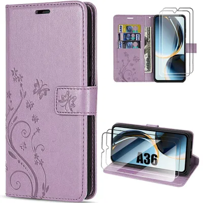 Image de Coque + 2 Verres Trempés pour Samsung Galaxy A36 5G, Protection Antichoc Cuir Synthétique Violet Motif Papillon Plante