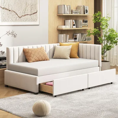 Obrázok produktu pre Rozkladacia pohovka 90x200 cm, s LED osvetlením, s zásuvkami, s úložným priestorom, s čalúnenou opierkou hlavy, farba: béžová