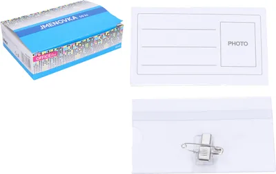 Produktbild von Namensschild transparent, 9 x 5,8 cm, mit rückseitigem Clip und Sicherheitsnadel