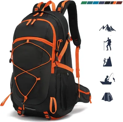 Produktbild von Fahrradrucksack 40L Wanderrucksack Trekkingrucksack Outdoor, mit Regenschutzhülle, Komressionsgurte für Trekkingstöcke, Schlafsack Schwarzorange