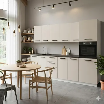 Zdjęcie produktu dla ULWEHOME Meble kuchenne Zestaw mebli kuchennych Kuchnia Milan 260cm Słupek piekarnik | szafka • regał • blat • zabudowa piekarnika | Kaszmir2,6 m
