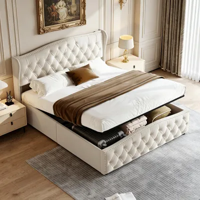Immagine prodotto di Letto matrimoniale con boxspring 160x200 cm, completo di rete a molle, rivestito in velluto, con spazio contenitore, base imbottita idraulica con cassettone, letto per adulti, color beige