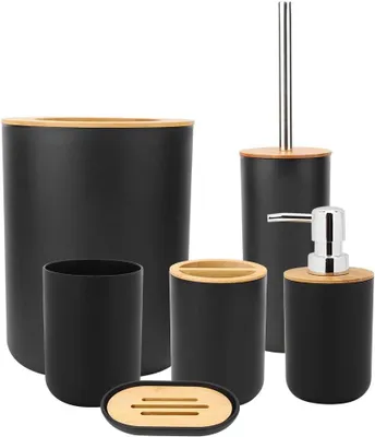 Produktbild von Badezimmer Set 6-teilig, schwarz, PP und Bambus, für Badezimmer