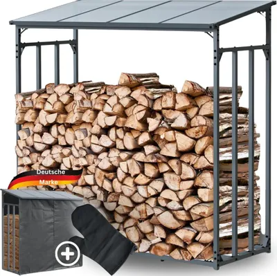 Produktbild von DELUKE® Kaminholzregal Außen mit Dach ELOS - 182x70x185cm | Metallrahmen, Inkl. Ofenhandschuh | Brennholzregal außen Brennholzunterstand Kaminholzunterstand Holzlager