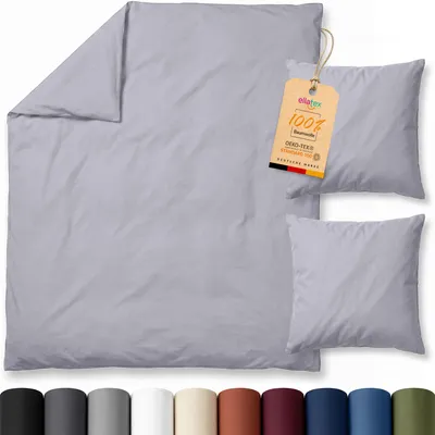 Produktbild von EllaTex Renforcé Bettwäsche 200x220 + 2x 80x80 cm Baumwolle – große Bettgarnitur mit Reißverschluss, Farbe: Hellgrau