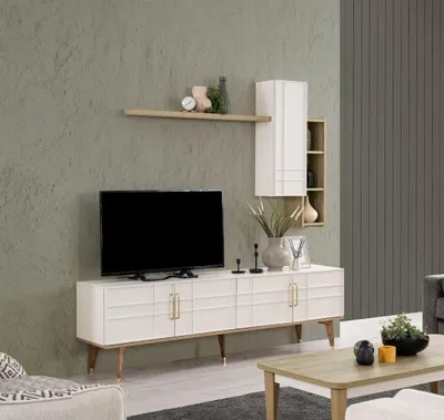 Zdjęcie produktu dla Zestaw TV szafka RTV niska półka do salonu białe drewno