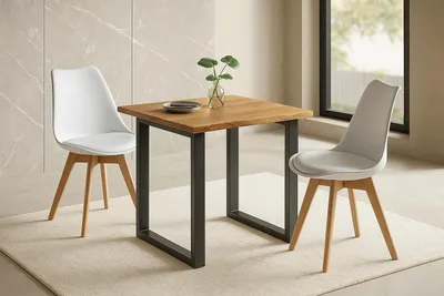 Produktbild von Essgruppe 3tlg. 80 x 80 cm Holz Wildeiche-Optik 2x Schalenstühle Weiß U-Gestell Schwarz JOSY
