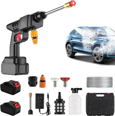 Imagen del producto de Limpiadora a presión portátil - Batería recargable - Para coche y jardín - Inalámbrica y potente - Manguera de 5 metros - Color negro