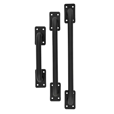 Three black door handles of different sizes are arranged vertically on a white background.