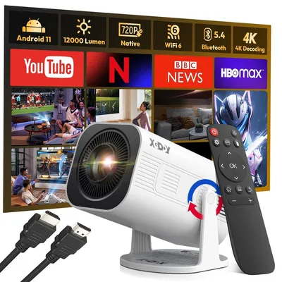 Zdjęcie produktu dla Mini projektor 4K Android 14, inteligentny projektor WiFi Bluetooth do domowego kina, przenośny z głośnikiem, rozdzielczość 1280x720, 12000 lumenów, kontrast 8000:1, jasność 400 lumenów, waga 400 gramów