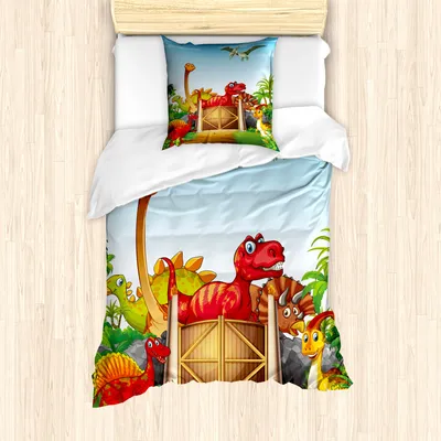 Produktbild von ABAKUHAUS Dino Mantele, Cartoon-Dinosaurier in Park, Milbensicher Allergiker geeignet mit Kissenbezügen, 135 cm x 200 cm - 80 x 80 cm, Mehrfarbig