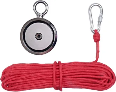 A magnetic fishing set with a strong magnet, rope, and carabiner, laid out on a white background.